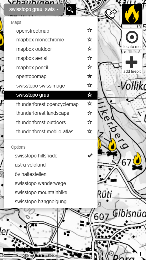 Schweizer Feuerstellen Karte mit Overlays für Wanderwege, ASTRA Veloland und Hangneigung
